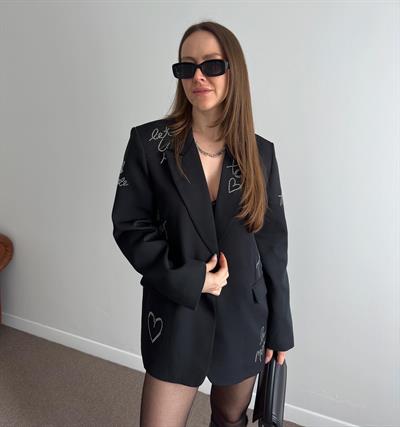 PREMIUM TAŞ DETAYLI SİYAH BLAZER CEKET