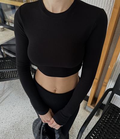 SİYAH UZUN KOLLU PAMUKLU CROP TOP