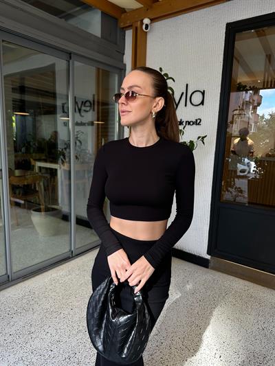 SİYAH UZUN KOLLU PAMUKLU CROP TOP