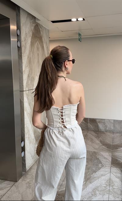 TASARIM NATUREL KETEN KEMERLİ KORSE BLUZ