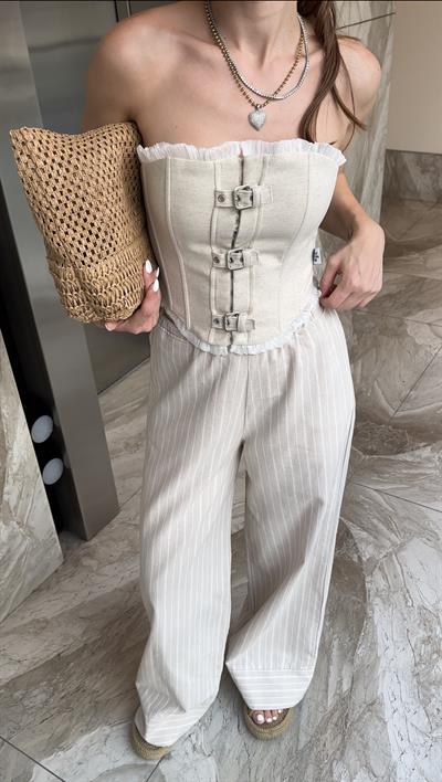 TASARIM NATUREL KETEN KEMERLİ KORSE BLUZ