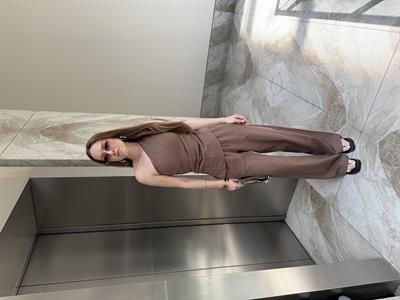 TEK OMUZ BLUZ PANTOLON KAHVE KETEN TAKIM