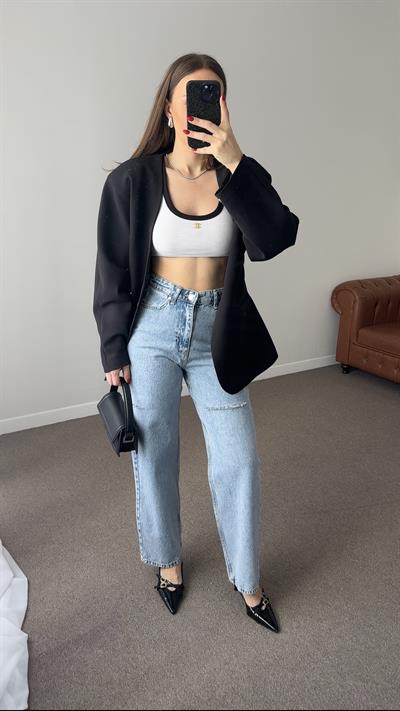YÜKSEK BEL YIRTIK DETAYLI BAGGY JEAN