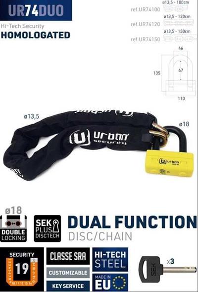 Urban Securıty Ur74-120 13.5 Mm 120Cm Sra Sınıfı Kement Zincir Kilit