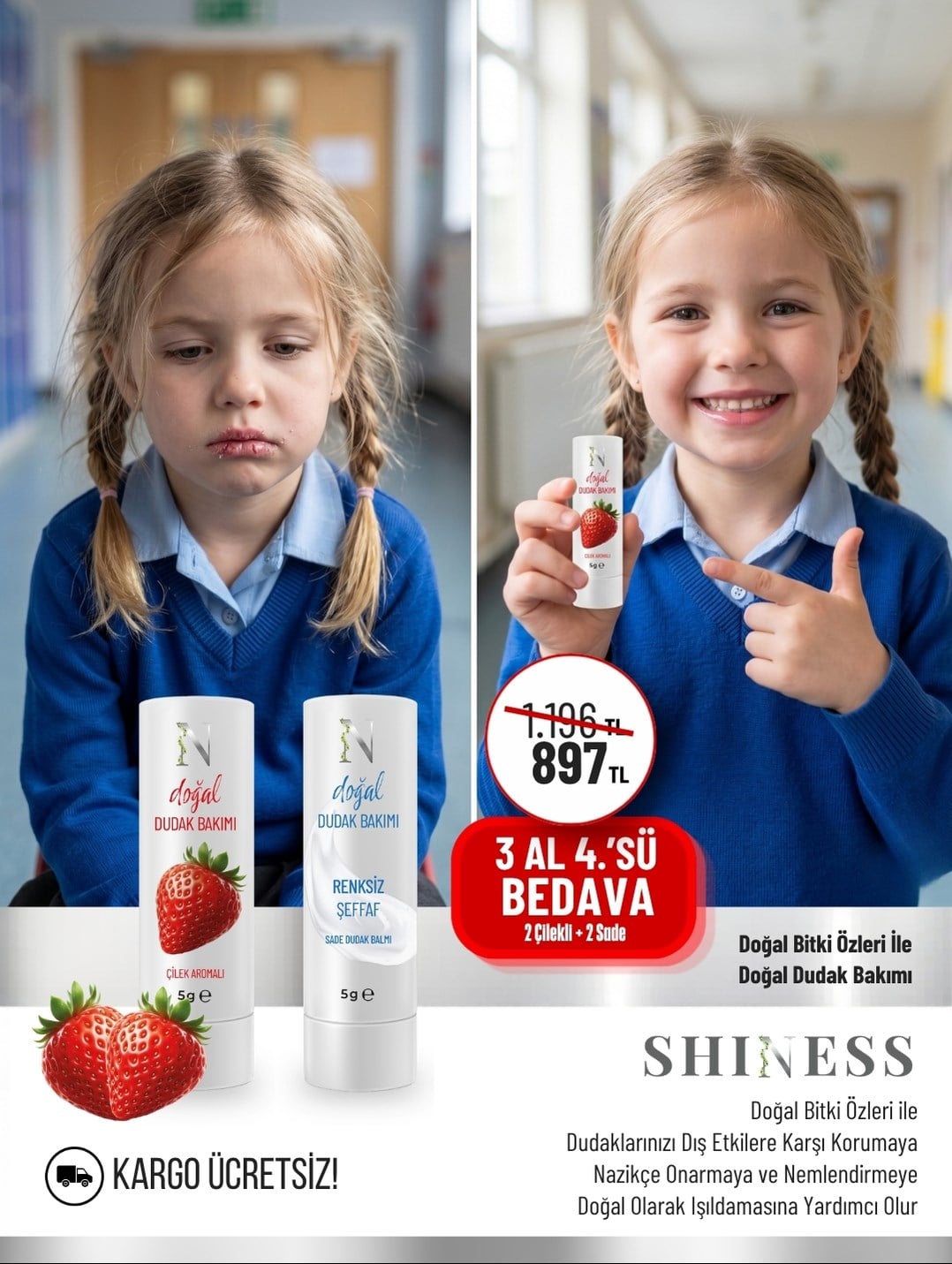 Shiness Dudak Balm Sade ve  Çilek Aromalı
