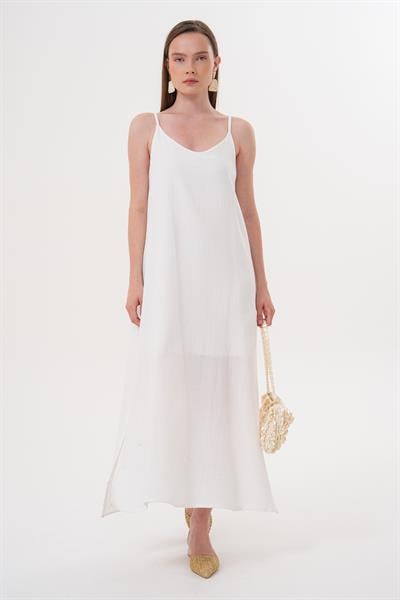 Askı Ayarlı Oversize Müslin Elbise EKRU