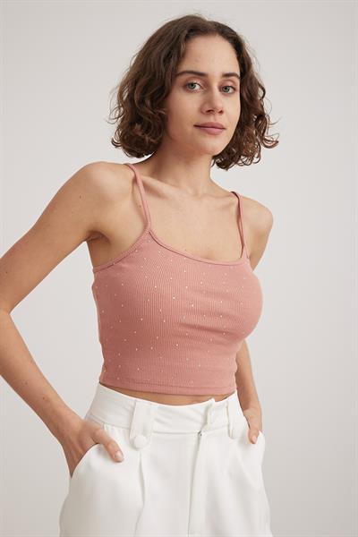Askılı Taş İşlemeli Crop Atlet PUDRA