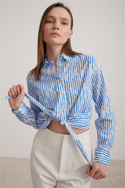 Bağlama Detaylı Crop Kadın Gömlek DESENLİ