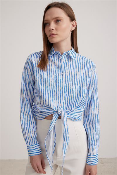 Bağlama Detaylı Crop Kadın Gömlek DESENLİ