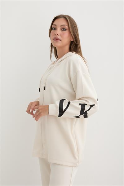 Baskı Detaylı Fermuarlı Sweatshirt EKRU