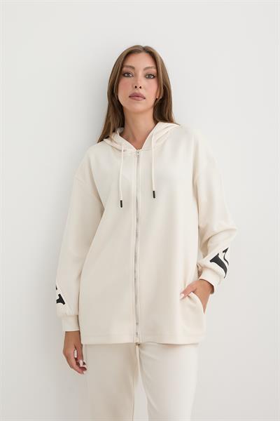 Baskı Detaylı Fermuarlı Sweatshirt EKRU