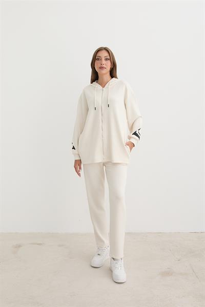 Baskı Detaylı Fermuarlı Sweatshirt EKRU