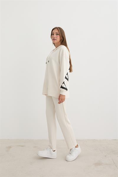 Baskı Detaylı Fermuarlı Sweatshirt EKRU