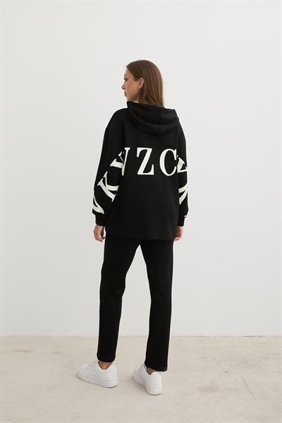 Baskı Detaylı Fermuarlı Sweatshirt SİYAH