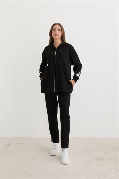 Baskı Detaylı Fermuarlı Sweatshirt SİYAH