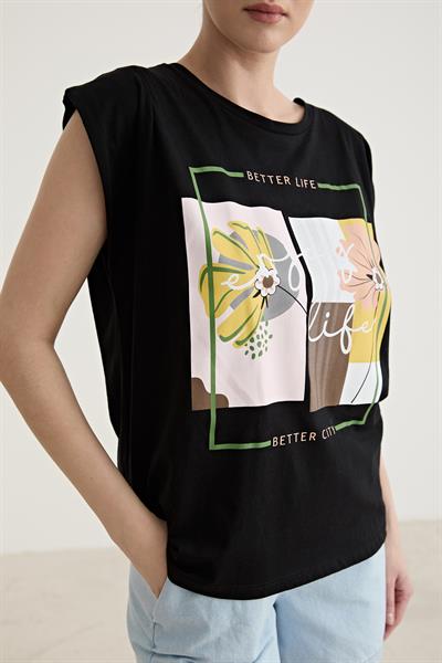 Baskı Detaylı Kolsuz Tshirt SİYAH