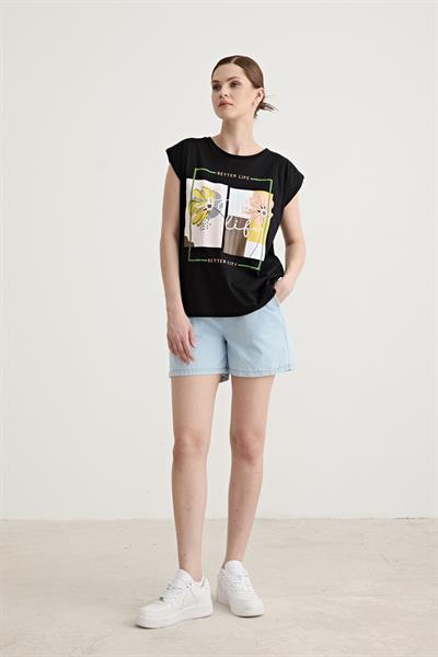 Baskı Detaylı Kolsuz Tshirt SİYAH
