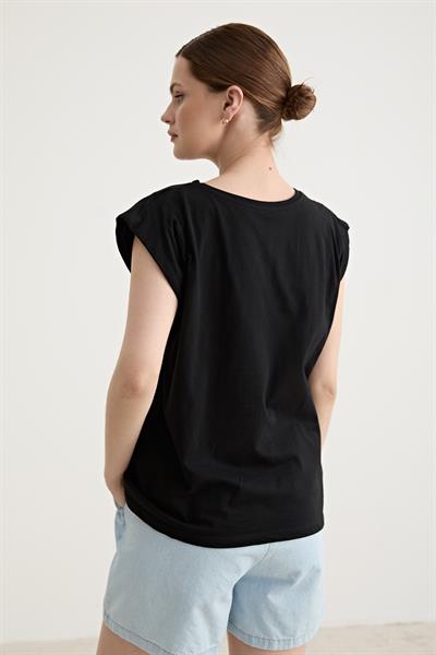 Baskı Detaylı Kolsuz Tshirt SİYAH