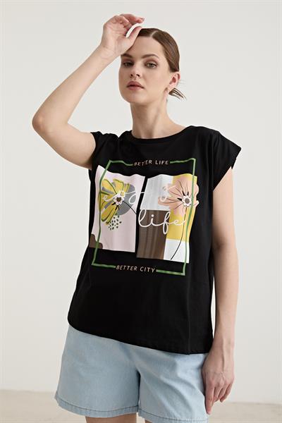 Baskı Detaylı Kolsuz Tshirt SİYAH