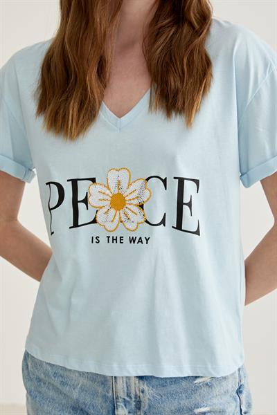 Baskı Detaylı V Yaka Kadın Tshirt MAVİ