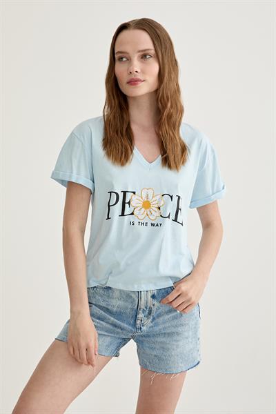 Baskı Detaylı V Yaka Kadın Tshirt MAVİ