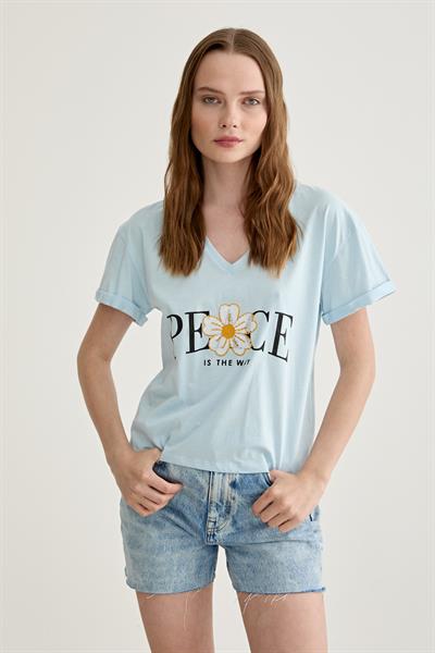 Baskı Detaylı V Yaka Kadın Tshirt MAVİ