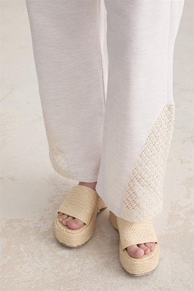 Bel Lastik Detaylı Geniş Paça Dantelli Keten Pantolon TAŞ