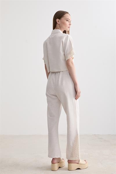 Bel Lastik Detaylı Geniş Paça Dantelli Keten Pantolon TAŞ