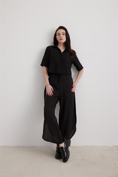 Bel Lastikli Kadın Yırtmaçlı Pantolon SİYAH