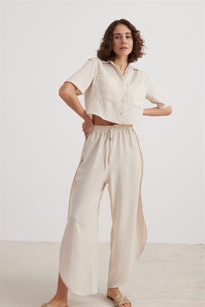 Bel Lastikli Kadın Yırtmaçlı Pantolon TAŞ