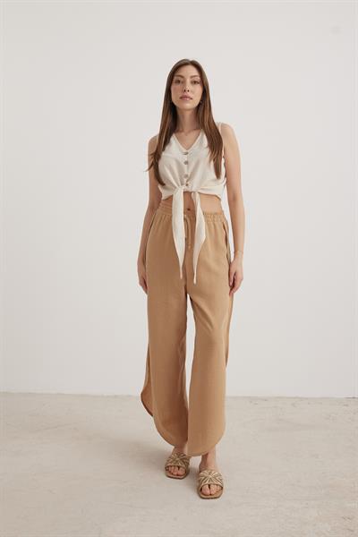 Bel Lastikli Kadın Yırtmaçlı Pantolon BİSKÜVİ