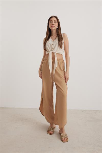 Bel Lastikli Kadın Yırtmaçlı Pantolon BİSKÜVİ