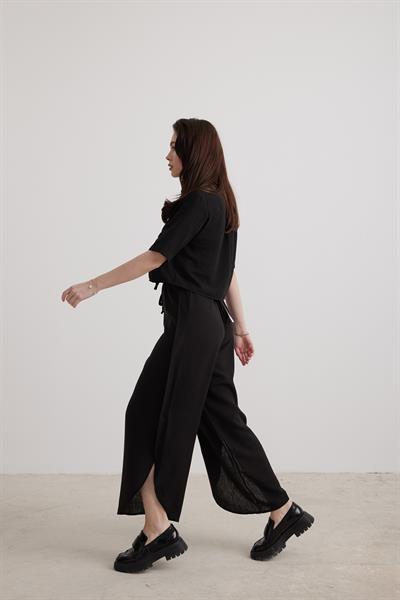 Bel Lastikli Kadın Yırtmaçlı Pantolon SİYAH