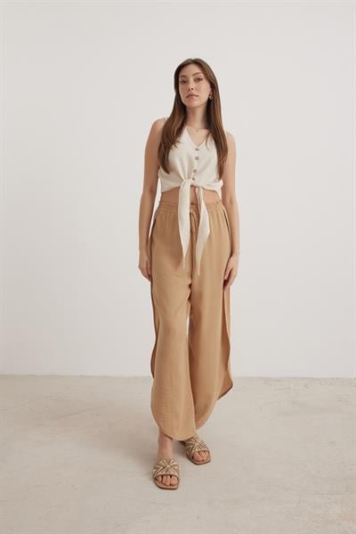 Bel Lastikli Kadın Yırtmaçlı Pantolon BİSKÜVİ