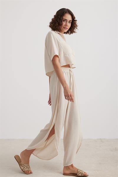 Bel Lastikli Kadın Yırtmaçlı Pantolon TAŞ