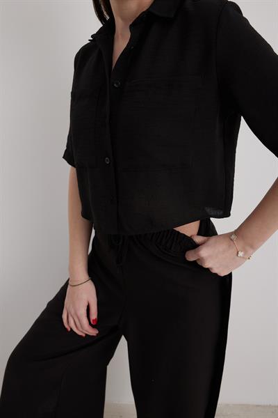 Bel Lastikli Kadın Yırtmaçlı Pantolon SİYAH