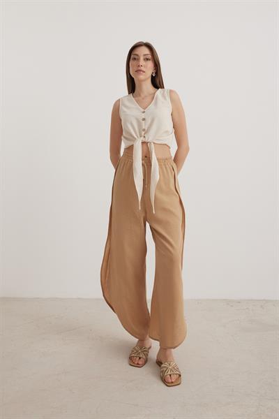 Bel Lastikli Kadın Yırtmaçlı Pantolon BİSKÜVİ