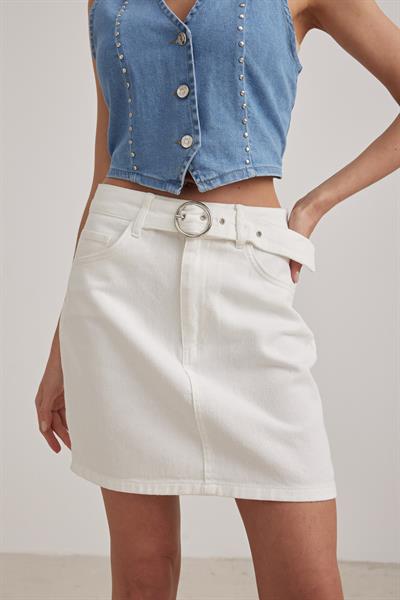 Beli Kemer Halka Tokalı Mini Etek BEYAZ