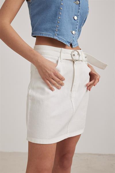 Beli Kemer Halka Tokalı Mini Etek BEYAZ