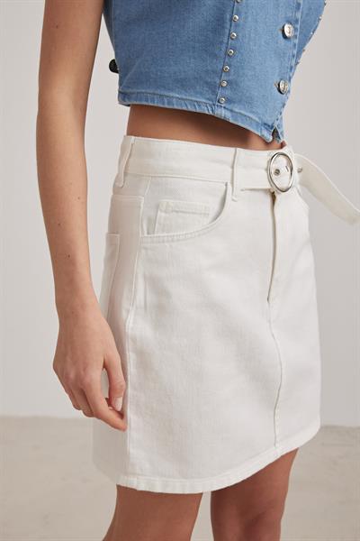 Beli Kemer Halka Tokalı Mini Etek BEYAZ