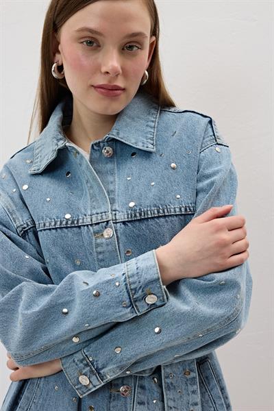 Beli Kuşak Detaylı Drop Çakımlı Kot Ceket KAR YIKAMA