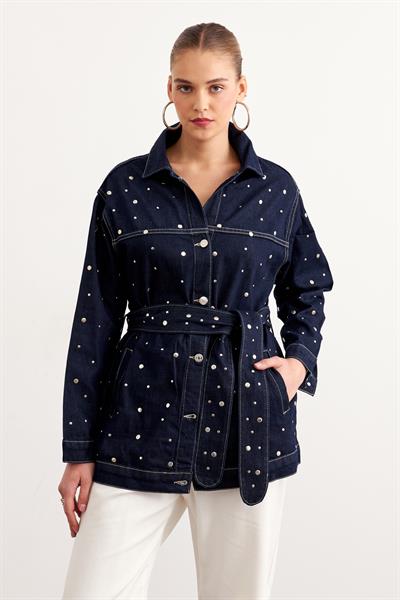 Beli Kuşak Detaylı Drop Çakımlı Kot Ceket RİNS YIKAMA