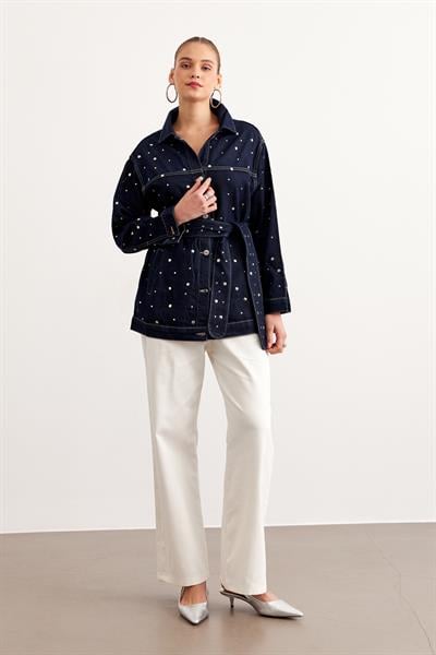 Beli Kuşak Detaylı Drop Çakımlı Kot Ceket RİNS YIKAMA