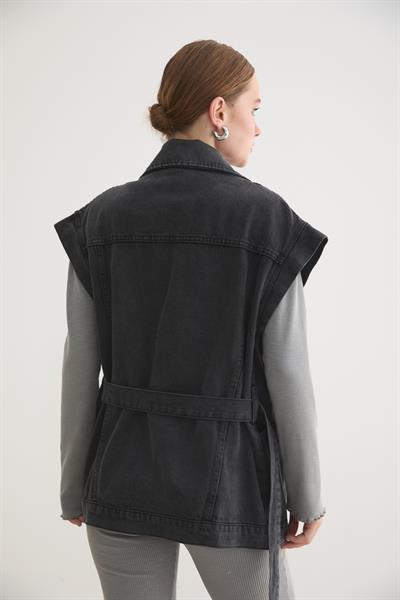 Beli Kuşaklı Cep Detaylı Kot Yelek KAR YIKAMA