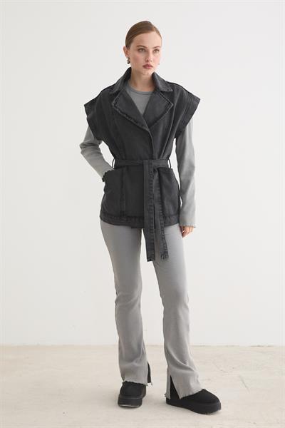 Beli Kuşaklı Cep Detaylı Kot Yelek KAR YIKAMA