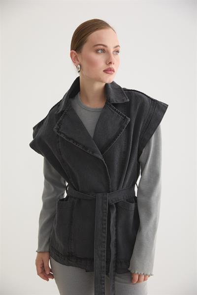 Beli Kuşaklı Cep Detaylı Kot Yelek KAR YIKAMA