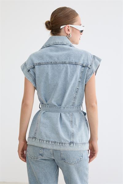 Beli Kuşaklı Cep Detaylı Yelek KAR YIKAMA