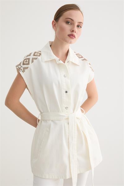 Beli Kuşaklı Önü Çıt Çıtlı Gabardin Yelek BEYAZ