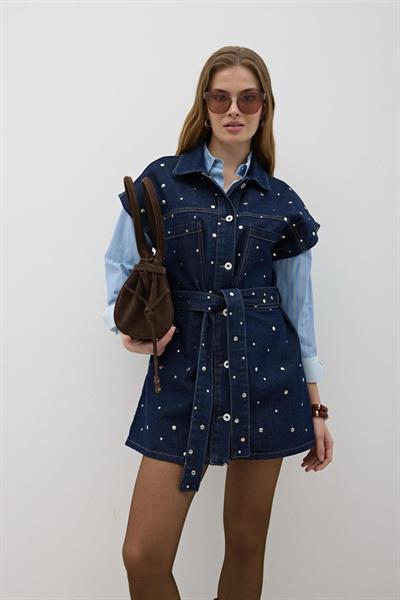 Beli Kuşaklı Önü Düğmeli Kot Yelek RİNS YIKAMA