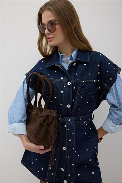 Beli Kuşaklı Önü Düğmeli Kot Yelek RİNS YIKAMA